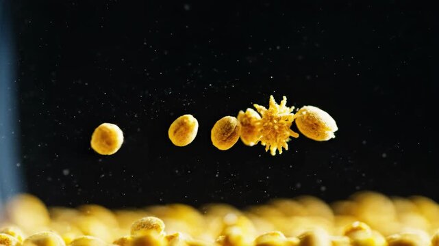 A group of golden popcorn kernels flying through the air against a dark background, conveying a sense of dynamic movement and energy.