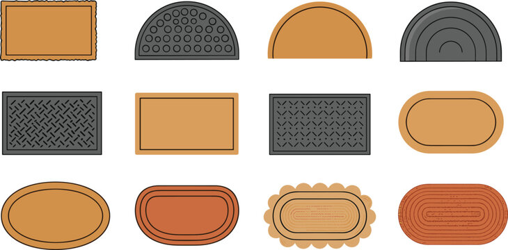 Selection of Various Doormats and Floor Mats Featuring Rectangular Half Moon and Oval Shapes with Coir Rubber and Textured Fabric Designs for Home Entrance Decor