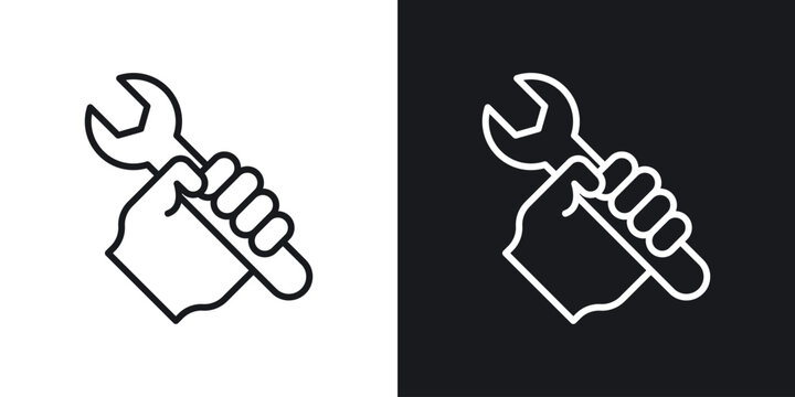 Spanner in hand icons set in black and white stroke lines