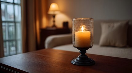 Fototapeta premium A warm glowing candle in a glass holder rests on a wooden table casting a cozy and peaceful ambiance in a softly lit interior