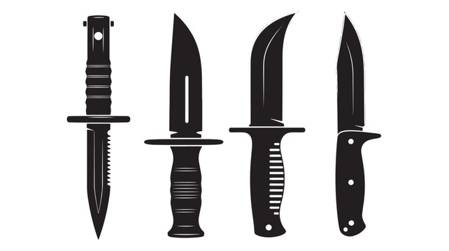Knives and tactical dagger icons set with black silhouette blades on white background for combat themed designs featuring knife, blade, icon with