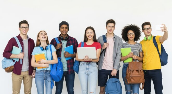 Diverse group of happy university students stands together against a plain white background.