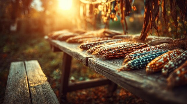 Close up of dried corn cobs on a rustic wooden table with warm sunlight