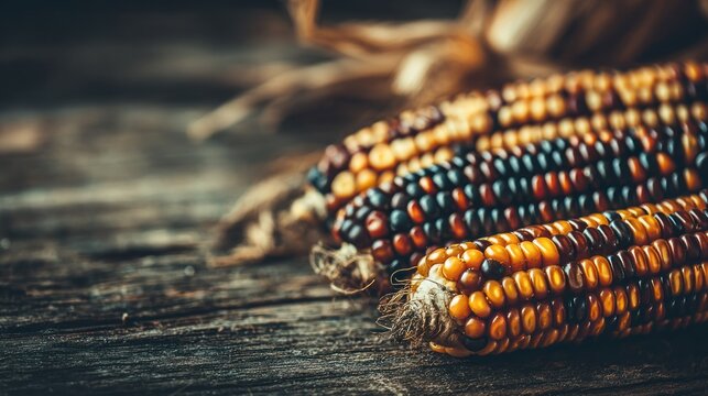 Close up of colorful corn cobs on rustic wooden surface