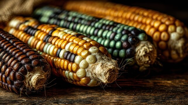 Close up of multicolored corn cobs with varied textures and colors