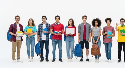 Fototapeta premium Diverse group of young college students stands in a row holding various academic supplies.