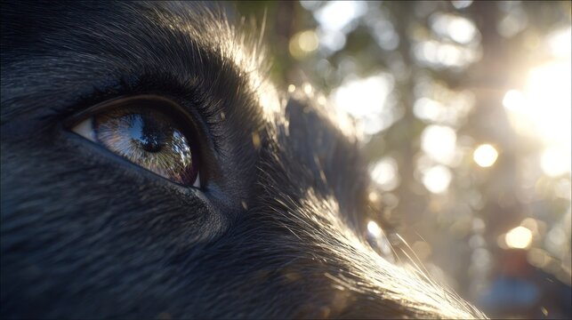 Close up of wolf eye with sunlight creating a dramatic natural portrait