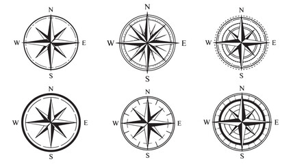 Compass rose icons set with black line art, cardinal directions labels, and vintage navigation circles featuring direction, north south east west, © Farjana