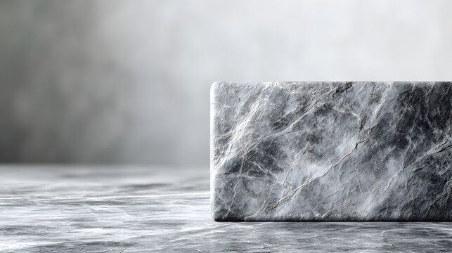 A modern minimalist scene featuring a rough textured marble block resting on a reflective marbled surface with a soft grey background