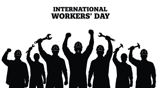 International workers day celebration with silhouettes of laborers holding tools and raising fists in solidarity