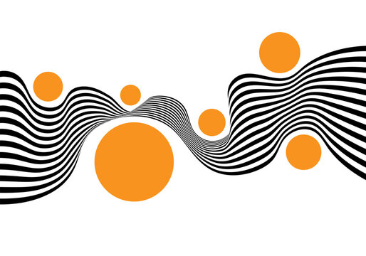 Abstract background with black and white wavy lines and bright orange circles in optical illusion and minimalism style