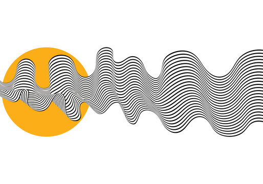Abstract horizontal composition with black and white wavy line illusion on background of large bright orange circle. Eps 10