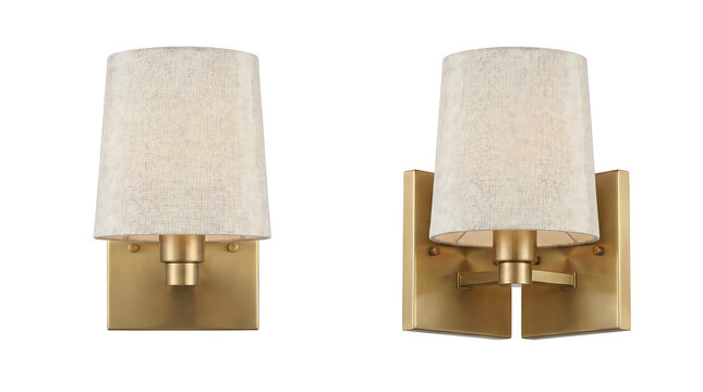Pair of modern gold wall sconces with linen fabric shades on a white background, interior lighting fixtures for home decor and furniture retail marketing.