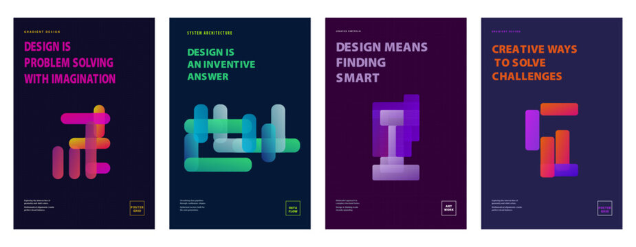 Modern Creative Poster Collection with Gradient Typography, Abstract Geometric Shapes, and Futuristic Design Statements