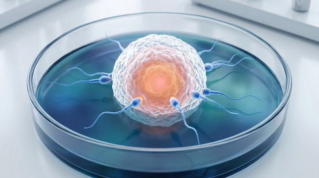 IVF Fertilization Process with Sperm and Egg Cell in Petri Dish