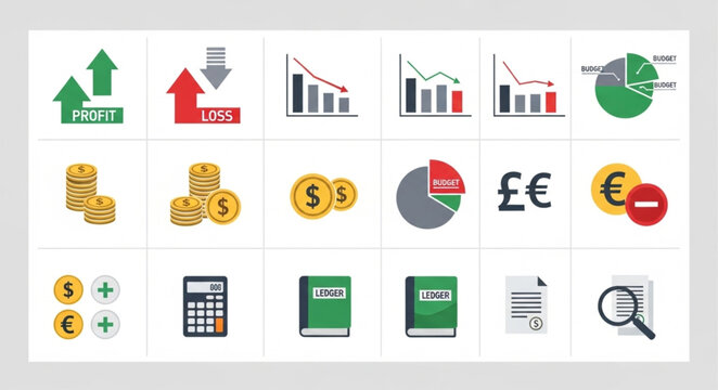 Financial Icons Representing Growth and Decline.