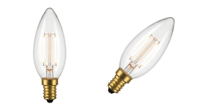 Two LED filament candle light bulbs with gold E14 base isolated on white background. Energy-efficient retro lighting for home decor and commercial product displays.