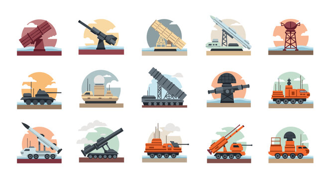 Military equipment collection, depicting various weapon systems, artillery, and defense infrastructure, rendered in a flat, illustrative style with a muted color palette,