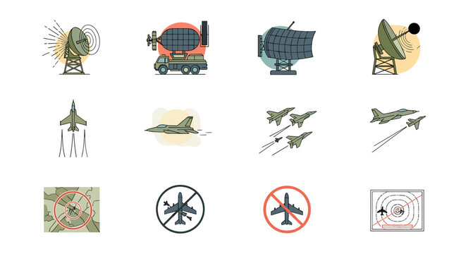 Military equipment set, featuring radar dishes, fighter jets, and air defense symbols, rendered in a minimalist, flat-style illustration with a muted color palette, ideal for