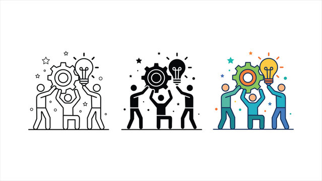 Collaborate teamwork and partnership icon set with three people symbols in outline solid black and colorful design styles isolated on white background