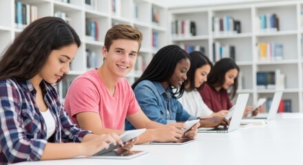 Fototapeta premium Students are sitting at a table studying with digital tablets and laptops in a library.