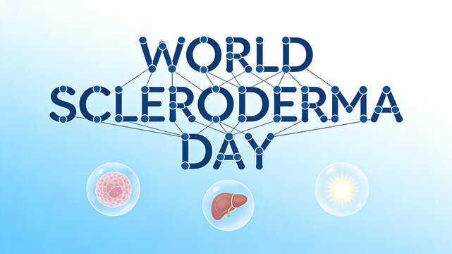 Molecular cell structure design, conveying the concept of disease popularization and promoting research on World Scleroderma Day.

