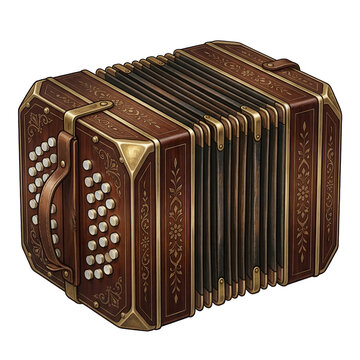 Antique bandoneon concertina with ornate wood carvings and brass details isolated on a white background
