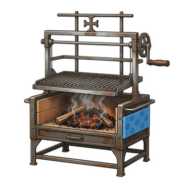 Traditional parrilla grill with a crank handle and burning charcoal isolated on a white background