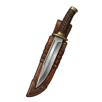 Traditional gaucho facon knife with a braided handle and decorated leather sheath isolated on a white background