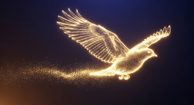 Shining abstract bird silhouette with glowing wings and light particles representing speed and energy