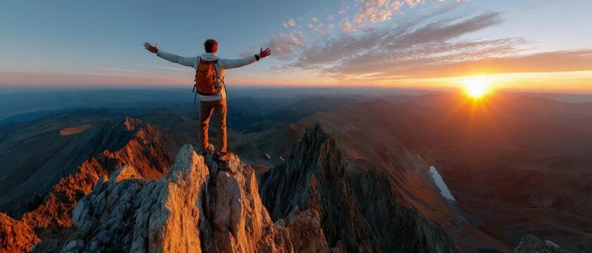 Summit of Serenity: An individual stands triumphant atop a majestic mountain peak, arms outstretched, bathed in the warm glow of the setting sun, embodying a moment of pure bliss and accomplishment.