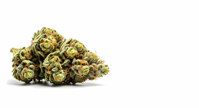 Vibrant green cannabis buds with orange pistils on a white background.
