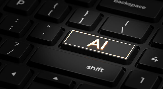 AI technology. highlighting innovation and digital transformation. A glowing AI key on a keyboard symbolizes smart automation, machine learning, and future-driven productivity for tech, software