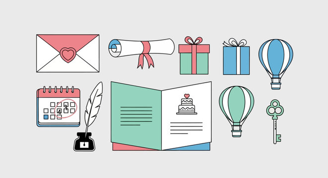 Collection of line art icons for special events and celebrations
