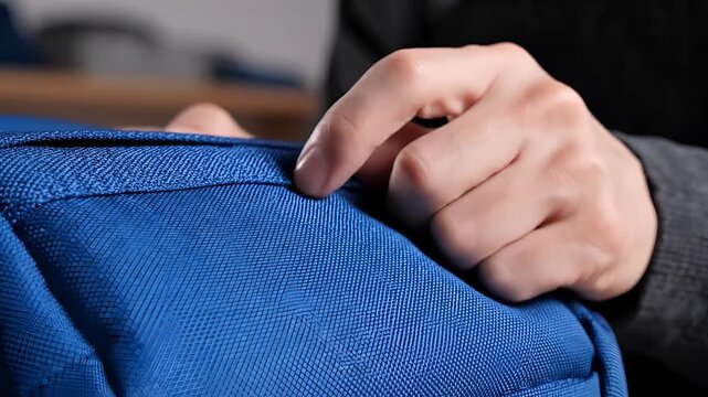 Closeup of a hand inspecting the stitching on a blue fabric bag.