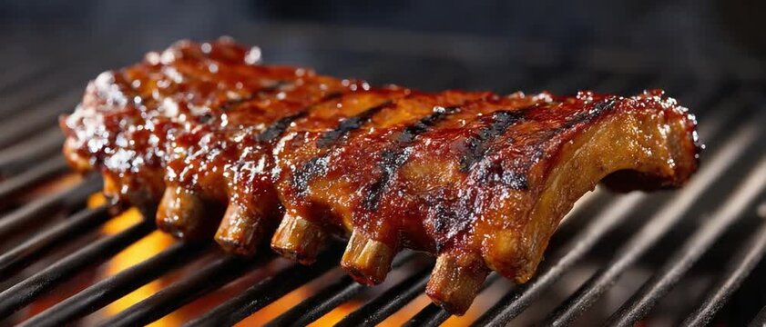 BBQ Ribs on the Grill: A mouthwatering rack of BBQ ribs, glazed in a rich, glossy sauce, sizzles atop a hot grill, promising a symphony of smoky, savory flavors.