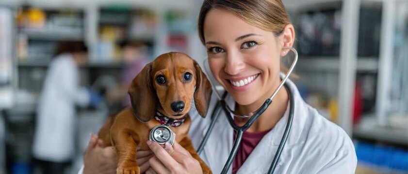 Veterinarian with Puppy: A smiling veterinarian, stethoscope around her neck, holds a cute dachshund puppy, checking its heartbeat in a modern clinic.