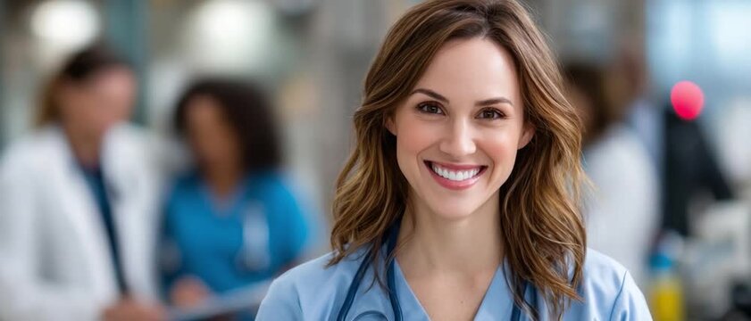 Smiling Nurse's Portrait: Captivating close-up of a compassionate nurse radiating warmth and expertise, representing unwavering dedication in medical care.