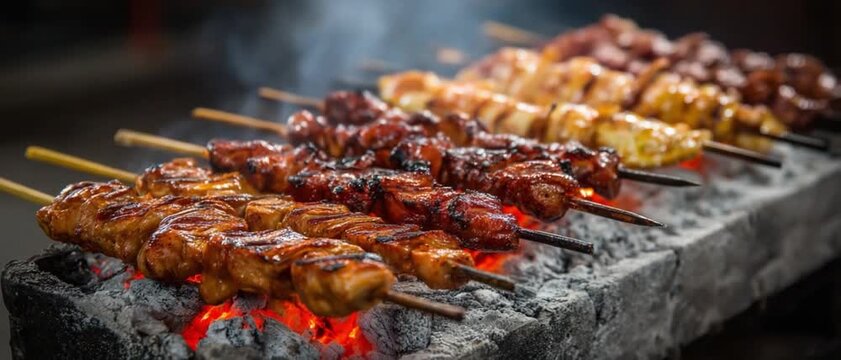 Grilled Skewers Delight: An inviting display of various grilled skewers, artfully arranged on a charcoal grill, offering a tempting glimpse of culinary delights.