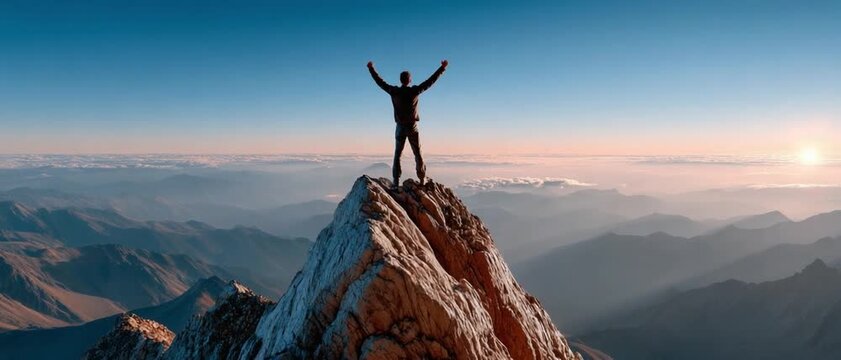 Triumph atop the World: An individual stands victoriously atop a mountain peak, arms raised in elation against a majestic mountain range and clear sky.