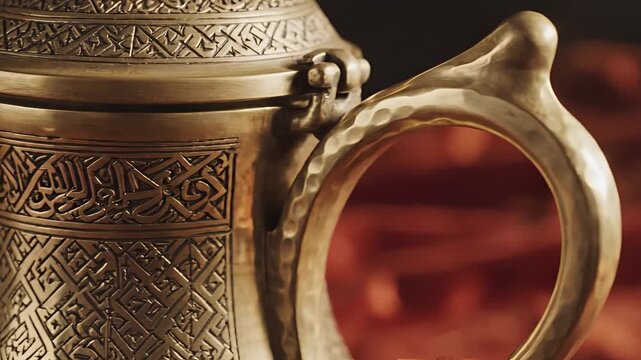 Closeup of an ornate antique brass coffee pot with intricate Arabic calligraphy.