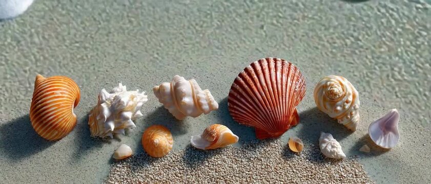 Seashells on Sandy Beach: An assortment of beautifully patterned seashells rest on a sun-kissed sandy beach, kissed by the gentle waves, creating a scene of coastal serenity and natural elegance.