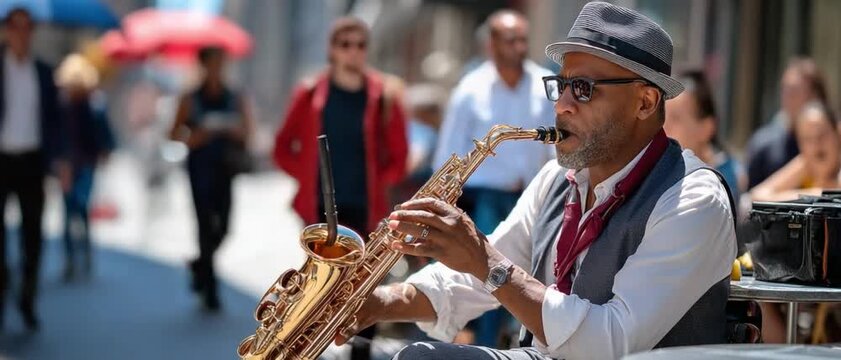 Musical Serenade: A distinguished gentleman enthralls onlookers with a soulful saxophone performance on a bustling city street, a testament to the timeless appeal of jazz.