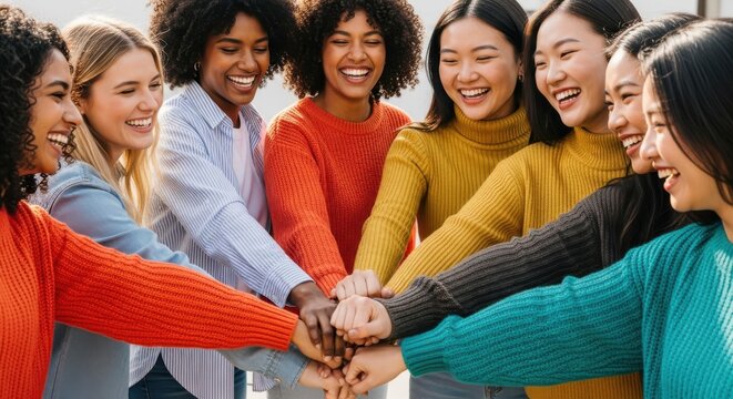 Diverse group of young women celebrate their unity and friendship by stacking their hands together.