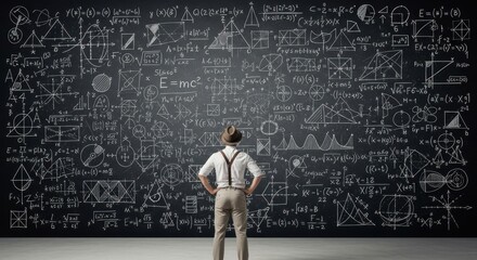 Naklejka premium Man wearing a hat and suspenders stands in front of a large chalkboard covered in complex mathematical equations and geometric shapes.