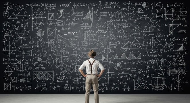 Man wearing a hat and suspenders stands in front of a large chalkboard covered in complex mathematical equations and geometric shapes.