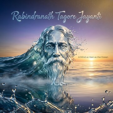 Artistic portrait of rabindranath tagore emerging from water with a sunset sky symbolizing wisdom