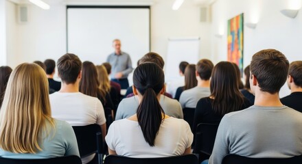 Obraz premium Business professionals and students listen attentively to a speaker in a well-lit presentation room.