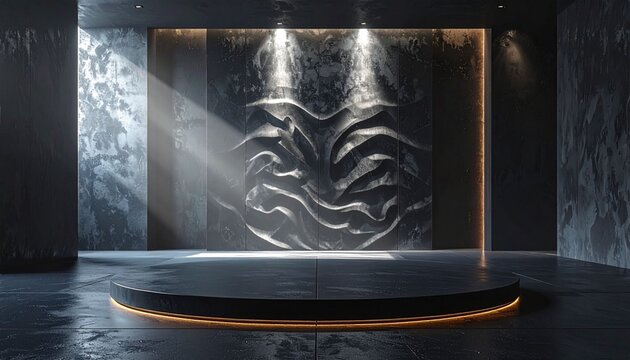 Dark abstract background studio interior room with light and shadow. Minimal luxury product stage platform mock up. 3d render of empty space showroom for business and technology brand placement.