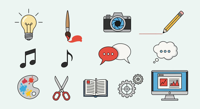 Collection of creative and educational flat icons for digital media and design